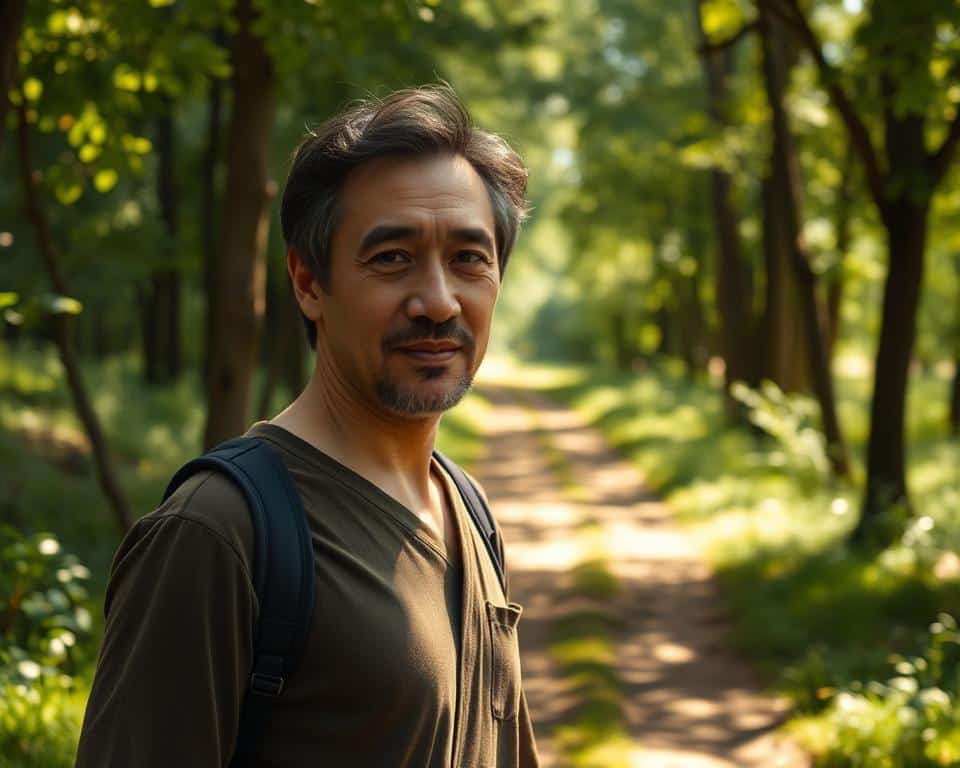 ultra realistic photo in natural lighting, 4k detail of a person walking purposefully down a peaceful forest path, sunlight filtering through the trees, casting a warm glow on their face, exuding a sense of inner calm and focus, their demeanor reflecting the wisdom and discipline of living with integrity, the lush greenery and dappled light conveying a serene, contemplative atmosphere