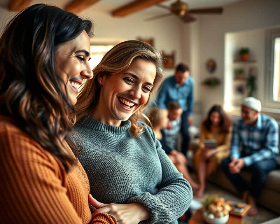 ultra realistic photo in natural lighting, 4k detail of a smiling couple excitedly sharing good news with their loved ones. The foreground shows the couple, one gently placing a hand on the other's arm as they lean in close, eyes bright with joy. The middle ground reveals a small gathering of friends and family, faces alight with warmth and happiness, gathering around the couple. The background is a cozy, sun-dappled living room, filled with homey details that evoke a sense of comfort and community. The overall mood is one of genuine celebration, with a palpable feeling of faith, hope, and the profound joy of sharing something deeply meaningful.