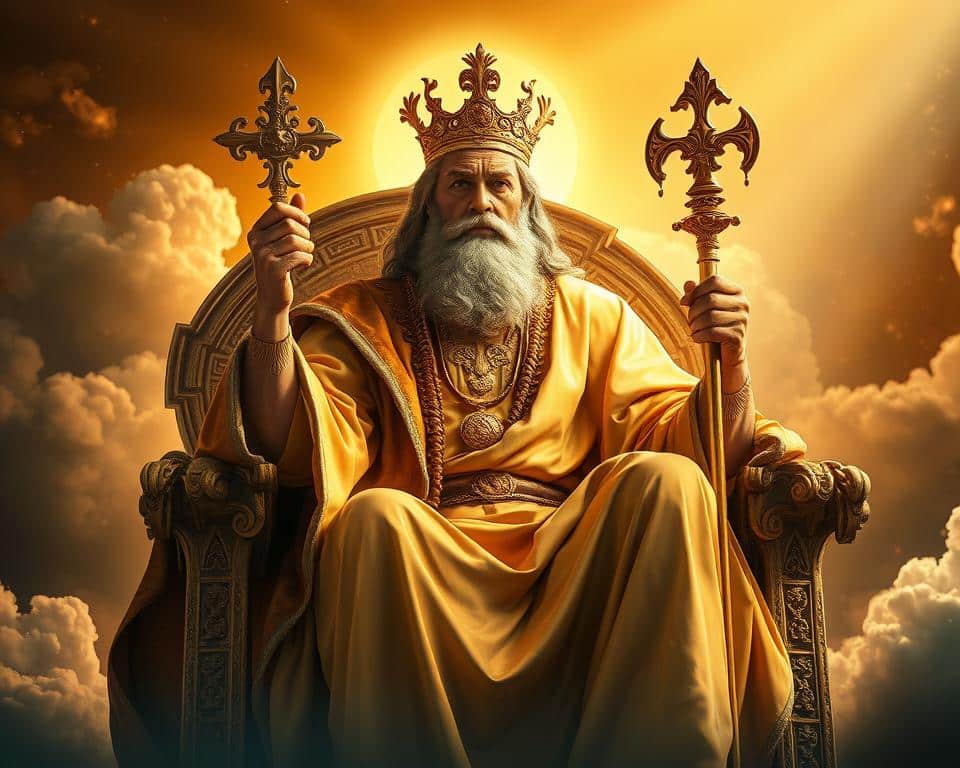 ultra realistic photo in natural lighting of a wise and just God sitting on a heavenly throne, emanating an aura of authority and divine power, his face etched with a stern yet compassionate expression as he presides over the world below, dressed in flowing robes with a golden scepter in his hand, the scene bathed in a warm, celestial glow, conveying a sense of reverence and awe
