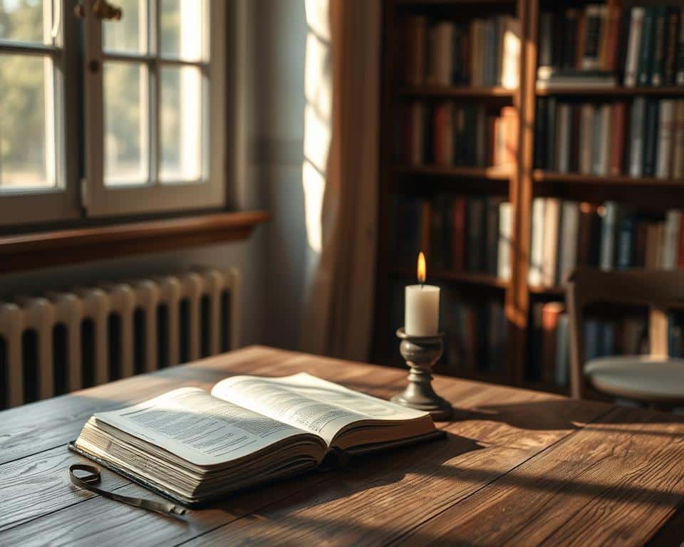 A cozy, sun-dappled interior, where a wooden table holds a simple arrangement of objects - a worn Bible, a journal, and a single lit candle. Soft natural light filters through a nearby window, casting a warm glow on the scene. In the background, a bookshelf lined with well-loved volumes hints at a life of quiet contemplation. The mood is one of tranquility and mindfulness, inviting the viewer to pause and reflect on the power of small, daily habits that nurture one's faith and connection with the divine.