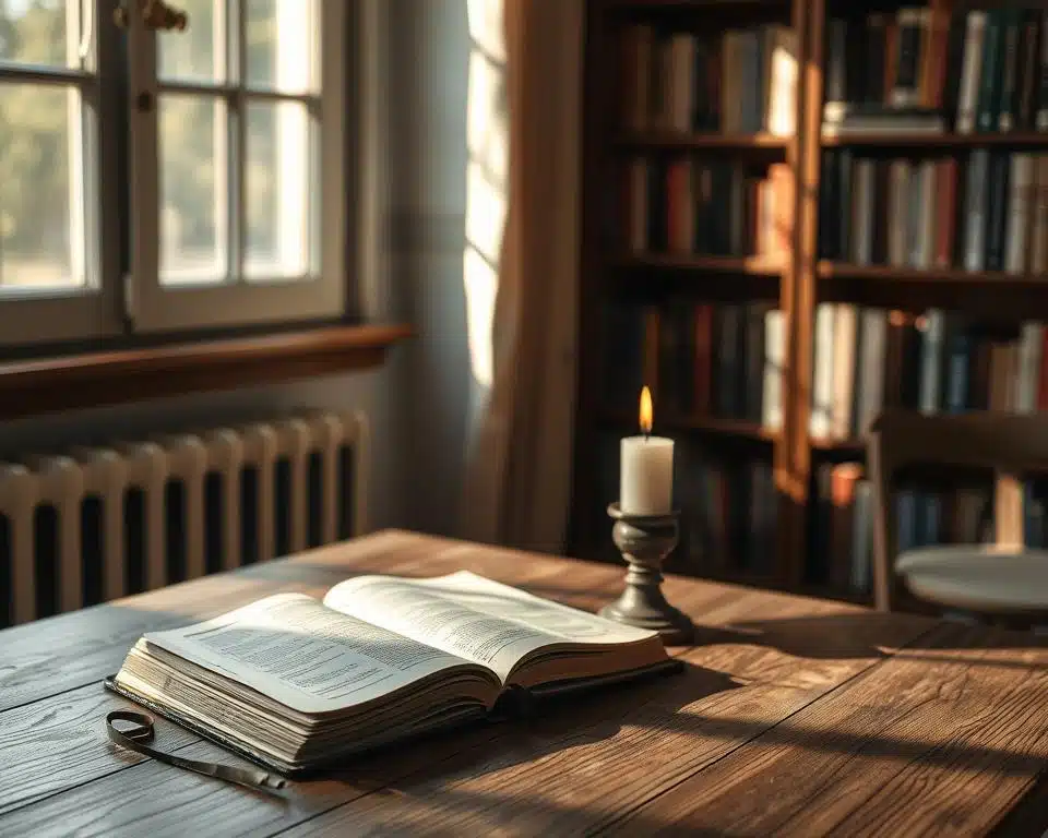 A cozy, sun-dappled interior, where a wooden table holds a simple arrangement of objects - a worn Bible, a journal, and a single lit candle. Soft natural light filters through a nearby window, casting a warm glow on the scene. In the background, a bookshelf lined with well-loved volumes hints at a life of quiet contemplation. The mood is one of tranquility and mindfulness, inviting the viewer to pause and reflect on the power of small, daily habits that nurture one's faith and connection with the divine.