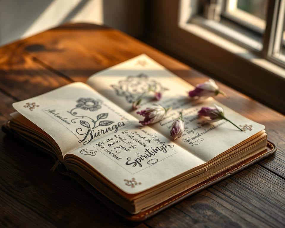 A delicate leather-bound journal rests on a wooden table, its pages open to reveal intricate drawings and calligraphic notes. The journal's cover is embossed with a subtle floral pattern, reflecting the owner's spiritual connection to nature. Soft, natural light filters through a nearby window, casting a warm glow over the scene. The journal's contents appear to be a mix of reflective writing, doodles, and pressed flowers, creating a sense of personal expression and inner exploration. The composition emphasizes the journal's central role as a tool for spiritual contemplation and growth.