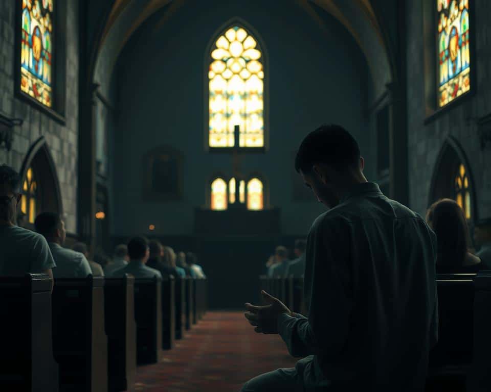 A dimly lit, weathered church in the early morning light, its stained glass windows casting a soft, reverent glow. In the foreground, a lone figure kneels in prayer, head bowed, hands clasped, the weight of their sins heavy upon their shoulders. The middle ground reveals a congregation, each person lost in their own spiritual journey, faces etched with a mixture of sorrow and resolve. In the background, a stately cross stands tall, a symbol of sacrifice and the promise of redemption. The scene evokes a sense of humility, repentance, and the hope of spiritual renewal.