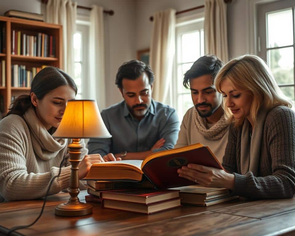 A family gathered around a table, engrossed in the pages of a well-worn Bible, their faces illuminated by the warm glow of a table lamp. The room is cozy, with bookshelves lining the walls, inviting a sense of quiet contemplation. Soft, natural light streams through the window, casting a serene atmosphere. The tableau conveys a feeling of spiritual nourishment and deep connection, reflecting the readers' need for guidance, community, and a deeper understanding of their faith in the United States today.