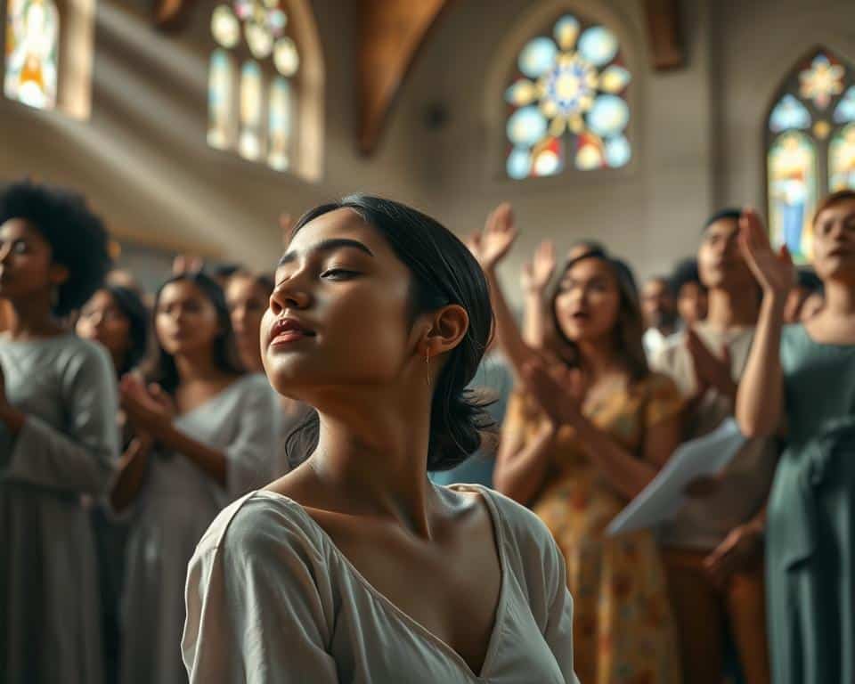 A group of diverse individuals gathered in a serene, sunlit sanctuary, their hands raised in reverent worship. Soft rays of light filter through stained glass windows, casting a warm, ethereal glow upon the scene. In the foreground, a young woman kneels, her eyes closed in deep contemplation, her expression radiating a profound sense of peace and connection. In the middle ground, a choir sings in harmonious unison, their voices blending in a chorus of adoration. In the background, the congregation stands united, their faces aglow with the intensity of their devotion. The atmosphere is charged with a tangible spiritual energy, inviting the viewer to experience the transformative power of a life surrendered to the divine.
