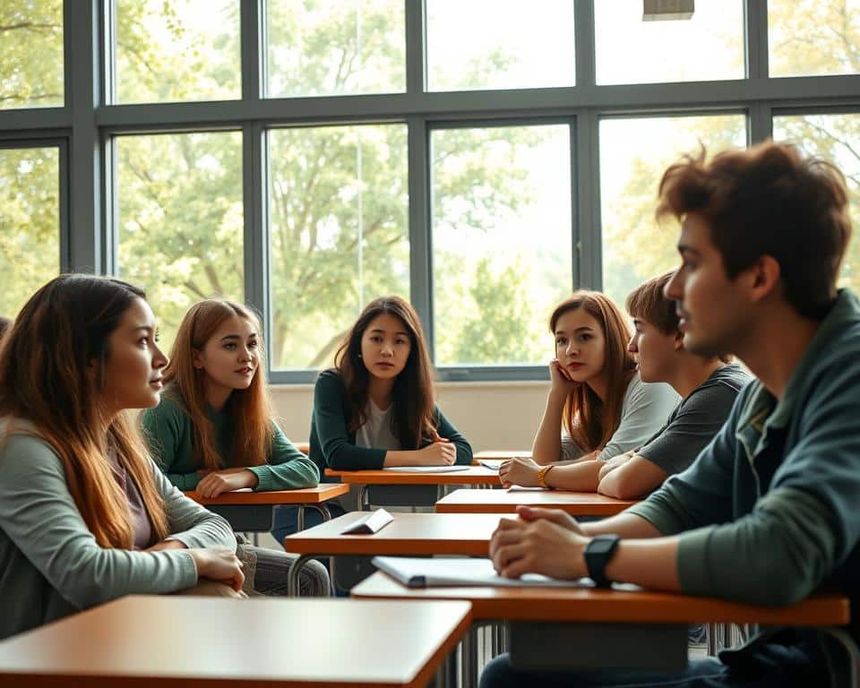A group of high school students, engaged in thoughtful discussion, sits in a sunlit classroom. The desks are neatly arranged, creating a sense of order and focus. Through the large windows, the vibrant greenery of the schoolyard is visible, hinting at the connection between the academic environment and the natural world. The students' expressions convey a mix of curiosity, contemplation, and a growing awareness of the world around them. The lighting is soft and diffused, creating a warm, inviting atmosphere conducive to deep exploration of ideas. This scene captures the spirit of intellectual and spiritual growth unfolding within the modern school setting.