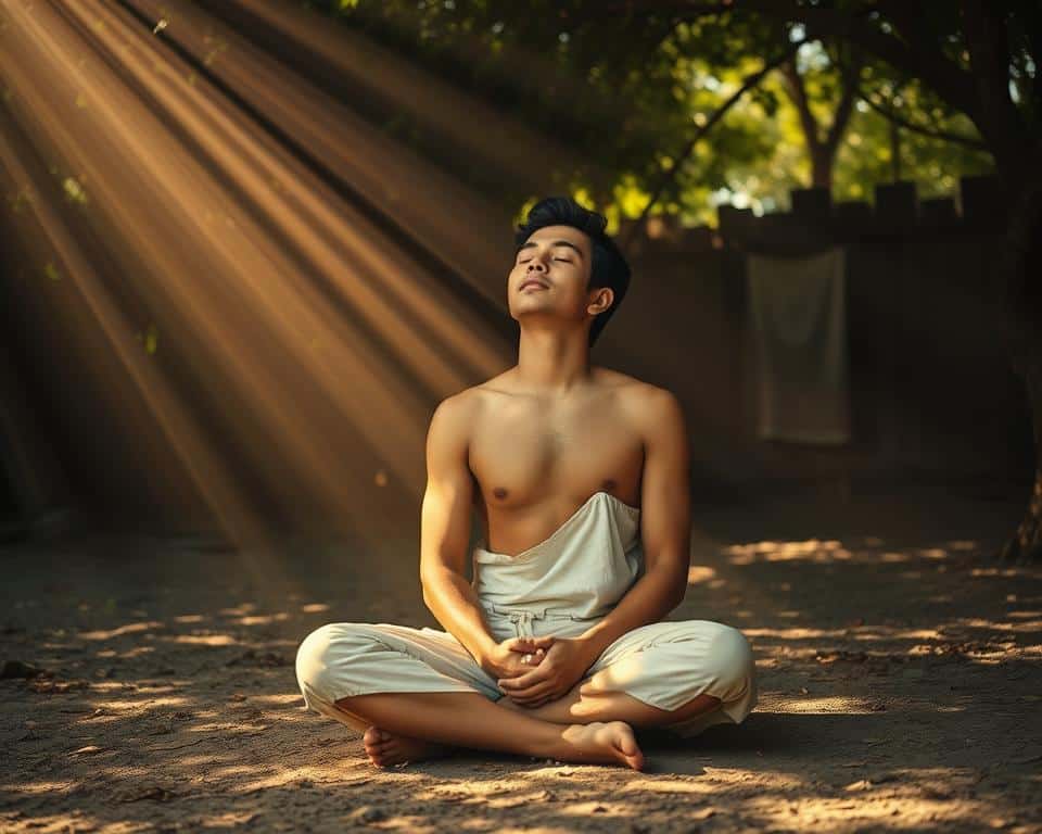 A humble figure sits cross-legged, eyes closed in deep contemplation, surrounded by the simplicity of a sparse, natural setting. Rays of warm, golden light filter through the canopy, casting a serene, reverent atmosphere. The person's posture radiates a sense of devotion, their face reflecting an expression of peaceful introspection. In the distance, a simple cloth or robe hangs, a testament to the act of biblical fasting - a spiritual discipline of self-denial, focused on drawing closer to the divine. The scene evokes a timeless, timeless quality, capturing the essence of this ancient practice of faith.