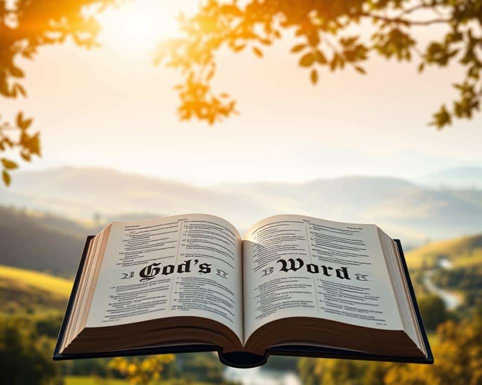 A large open book floats in the foreground, its pages illuminated by a warm natural light. The book's cover displays the words "God's Word" in ornate calligraphy. In the middle ground, a serene landscape unfolds, with rolling hills, lush greenery, and a peaceful stream winding through. The background is bathed in a soft, ethereal glow, creating a sense of tranquility and divine presence. The overall composition evokes a feeling of spiritual growth and connection to the wisdom and teachings contained within the holy text.