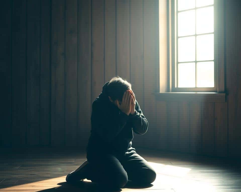 A person kneeling in prayer, their face obscured by their hands, surrounded by a halo of soft, natural light filtering through a window. In the background, a bare, weathered wooden wall, evoking the passage of time and the solitude of contemplation. The scene captures a moment of deep introspection, where the individual is seeking solace and guidance in the midst of life's trials, their faith and resilience shining through the shadows.