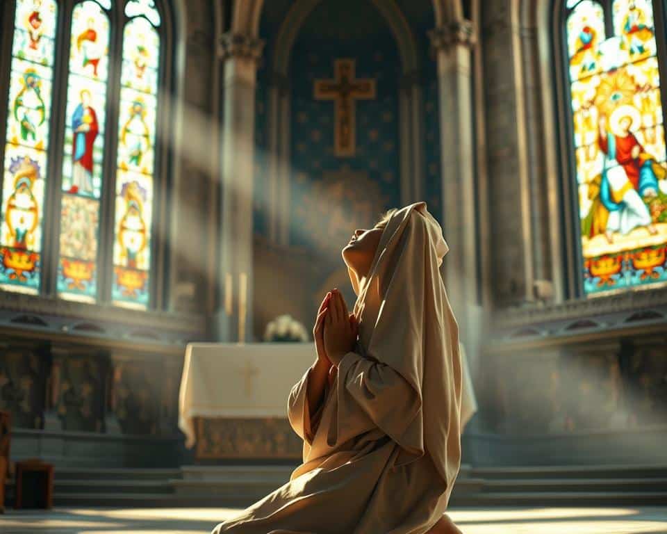 A person kneeling in prayer, their hands clasped together in reverence, eyes closed as they commune with the divine. The scene bathed in soft, natural light filtering through stained glass windows, casting a warm, ethereal glow. The figure is situated in a serene, cathedral-like setting, with intricate stone architecture and ornate religious iconography in the background. The overall atmosphere is one of tranquility, devotion, and a profound connection between the individual and their higher power, as depicted in the biblical scriptures.