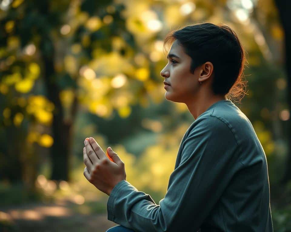 A person kneeling in prayer, their hands clasped together in reverence, with a peaceful and contemplative expression on their face. The scene is set in a serene natural setting, with soft, warm sunlight filtering through lush foliage, casting a gentle glow on the figure. The background is blurred, allowing the focus to remain on the subject's introspective moment. The composition emphasizes the sense of solitude and connection with the divine, conveying the essence of a deep, honest conversation with God.