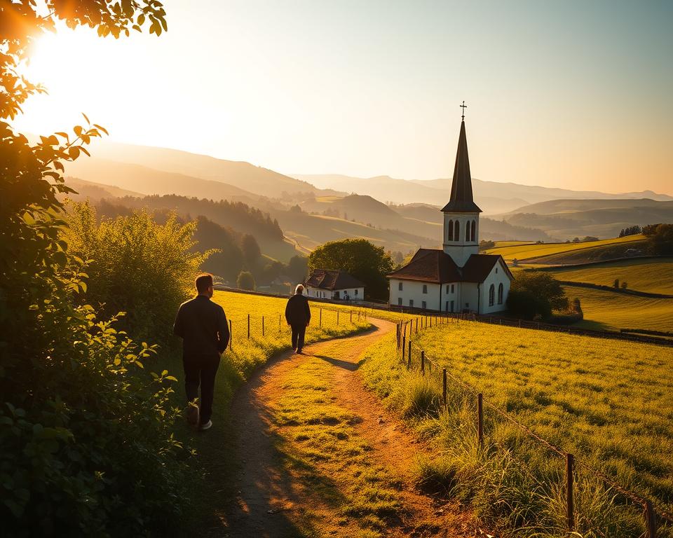 A serene countryside scene, bathed in warm, golden sunlight. In the foreground, a person walking along a winding dirt path, their silhouette cast against the lush, verdant foliage. The middle ground features a small, picturesque village with quaint houses and a charming church steeple, its stained-glass windows glimmering. In the distance, rolling hills and a cloudless sky, conveying a sense of tranquility and connectedness with the divine. The overall atmosphere evokes a life of steadfast faith, devotion, and harmony with the natural world.