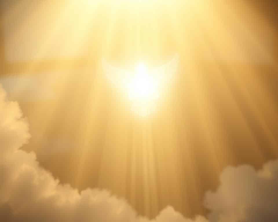 A serene, glowing ethereal presence, a divine light emanating from within, illuminating the surroundings with a warm, heavenly glow. Soft rays of light cascade from above, bathing the scene in a celestial radiance. The Holy Spirit, a manifestation of the divine, hovers above, its formless essence radiating an aura of peace, wisdom, and spiritual guidance. The composition captures the reverence and the sense of being in the presence of the sacred, inviting the viewer to feel the comfort and reassurance of the guiding hand of the Holy Spirit.