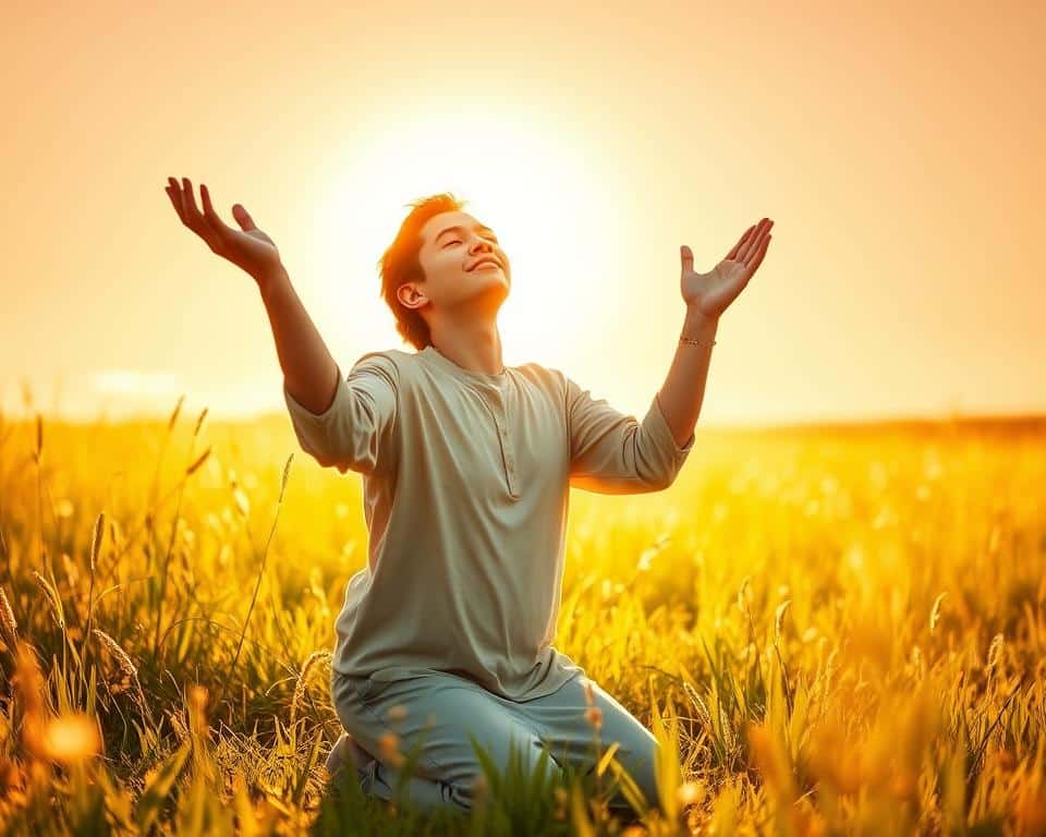 A serene meadow bathed in warm golden sunlight, a figure kneeling in the foreground with hands raised in a gesture of joyful surrender, eyes closed in peaceful contemplation, a halo of radiant light enveloping the scene, conveying a sense of profound inner peace and connection with the divine, the figure's countenance exuding an expression of unwavering faith and steadfastness despite the trials and tribulations of life, ultra realistic photo in natural lighting, 4k detail.
