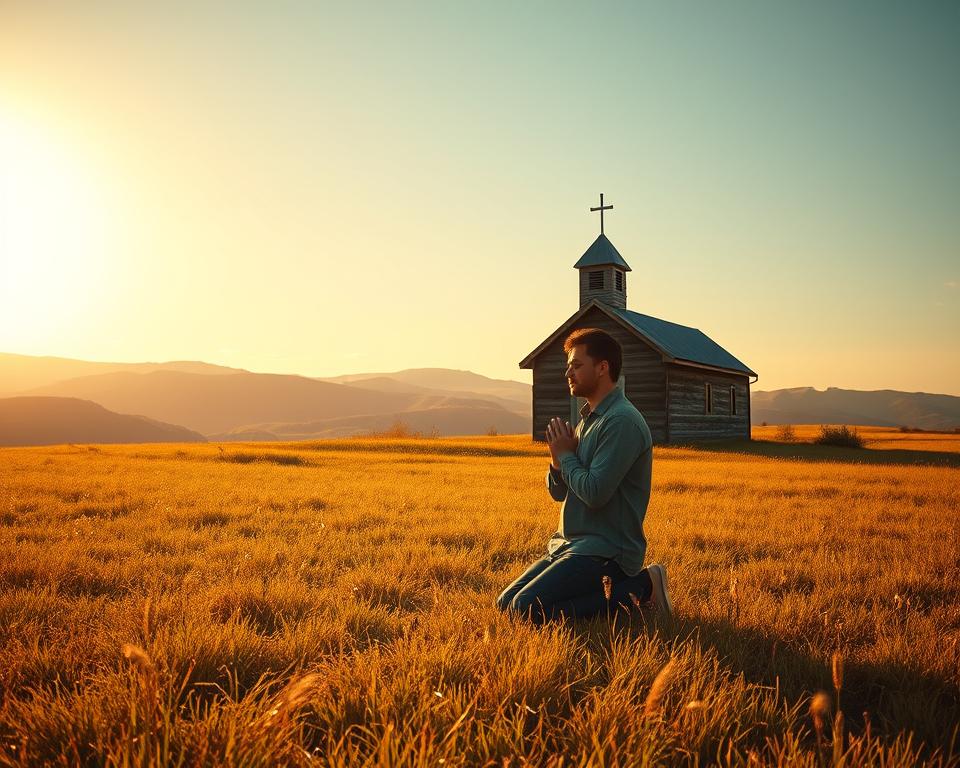 A serene meadow bathed in warm, golden sunlight. In the foreground, a solitary figure kneels in prayer, their hands clasped and eyes closed, lost in deep meditation. The middle ground reveals a simple, rustic church with a steeple, its weathered wooden structure blending harmoniously with the natural landscape. In the distance, rolling hills and a cloudless sky create a sense of tranquility and expansiveness, inviting the viewer to contemplate the vastness of the divine. The overall atmosphere is one of reverence, focus, and a palpable connection to the spiritual realm.