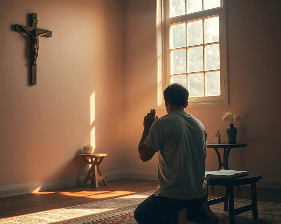 A serene morning scene of a person kneeling in prayer, their hands clasped in reverence, surrounded by warm, soft light streaming through a window. The room is simple, with a wooden crucifix on the wall and a small table with a Bible. The atmosphere is one of tranquility and devotion, inviting the viewer to pause and reflect on the power of prayer as a steady rhythm throughout the day.