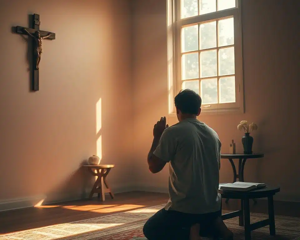 A serene morning scene of a person kneeling in prayer, their hands clasped in reverence, surrounded by warm, soft light streaming through a window. The room is simple, with a wooden crucifix on the wall and a small table with a Bible. The atmosphere is one of tranquility and devotion, inviting the viewer to pause and reflect on the power of prayer as a steady rhythm throughout the day.