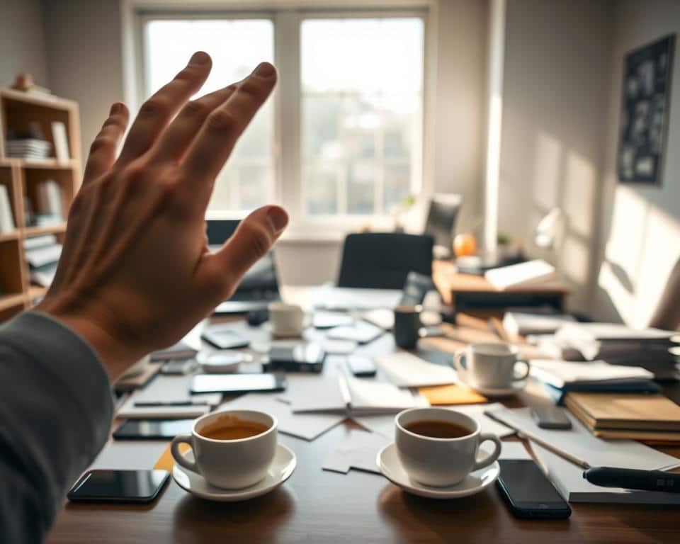 A serene office scene, soft natural light filtering through the windows, illuminating a cluttered desk. Amidst the organized chaos, digital devices, scattered papers, and half-empty coffee cups capture the allure of modern distractions. The foreground emphasizes the struggle, a hand reaching out, grasping for focus, while the background blurs into a hazy, dreamlike state, symbolizing the pull of temptation. An ultra-realistic, 4K visual representation of the battle to stay centered on faith in a world of constant noise and stimulation.