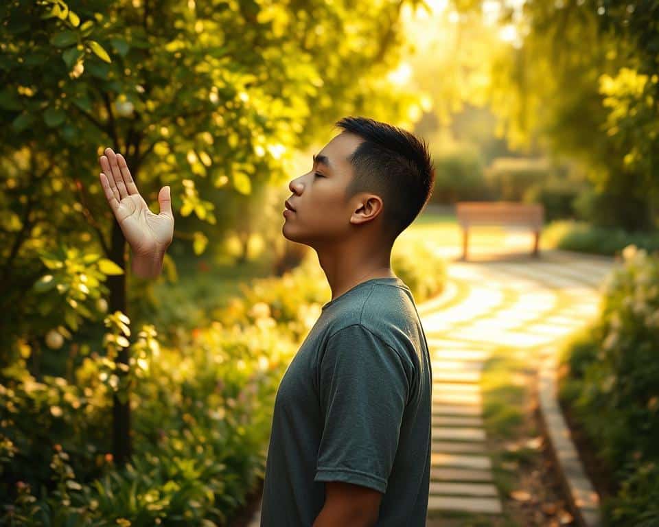 A serene, sun-dappled garden path winding through lush greenery, with a lone figure standing amidst the foliage, hands uplifted in a gesture of trust and surrender. The warm, golden light filters through the trees, casting a soft, contemplative glow upon the scene. The person's face is in profile, eyes closed, features peaceful and tranquil, embodying a sense of profound faith and inner calm. In the distance, a simple, wooden bench provides a place of rest and reflection. The overall mood is one of quiet confidence, the individual finding solace and strength in the embrace of the divine.
