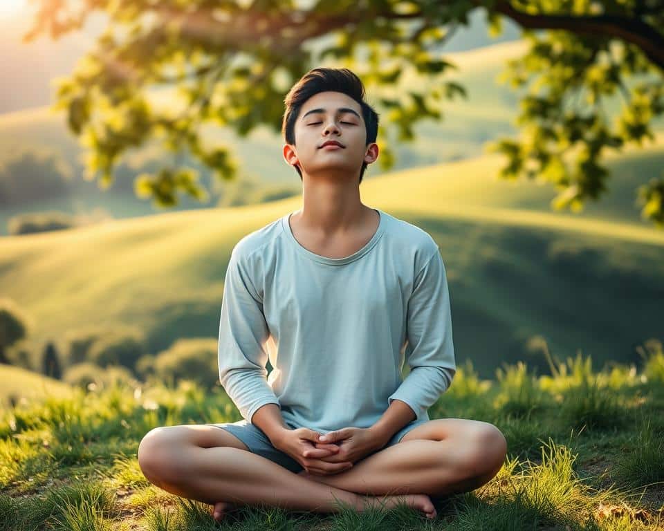 A serene young person sits cross-legged on a grassy hill, eyes closed in contemplation. Sunlight filters through the trees, casting a warm glow on their face. Their hands rest gently in their lap, palms up, in a posture of openness and receptivity. The background is a lush, verdant landscape, with rolling hills and a distant horizon. The scene conveys a sense of peaceful introspection, moving beyond the confines of a traditional prayer circle to a more expansive, nature-infused spiritual practice.