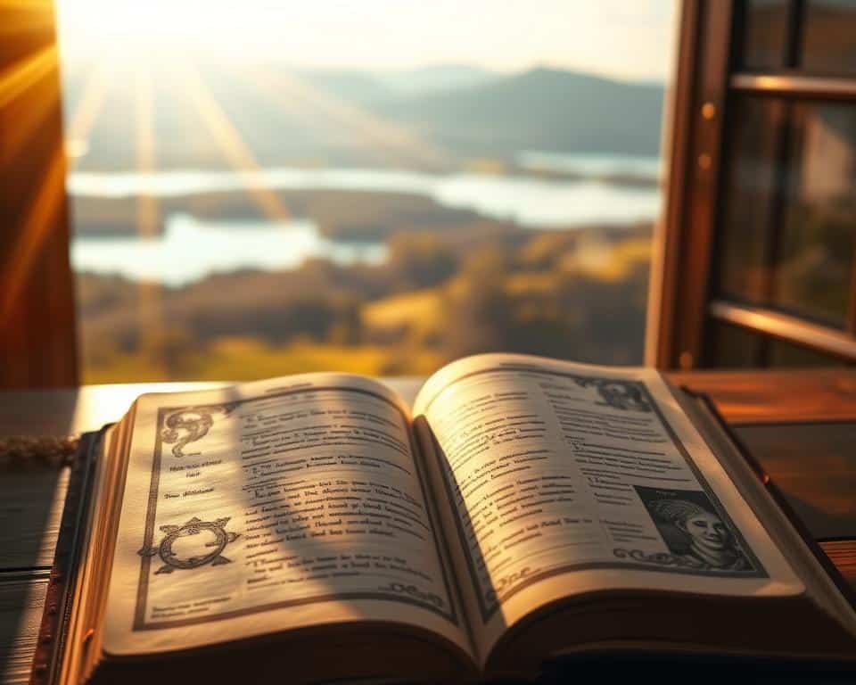 A softly lit, serene scene of an open Bible with pages gently turning, illuminated by warm sunlight streaming through a window. The pages display intricate calligraphy and ornate illustrations, evoking a sense of timeless wisdom and spiritual guidance. In the background, a peaceful landscape unfolds, with rolling hills and a tranquil lake, suggesting the expansive scope of the scripture's teachings. The overall atmosphere is one of contemplation, inspiration, and a deepening connection to the divine.