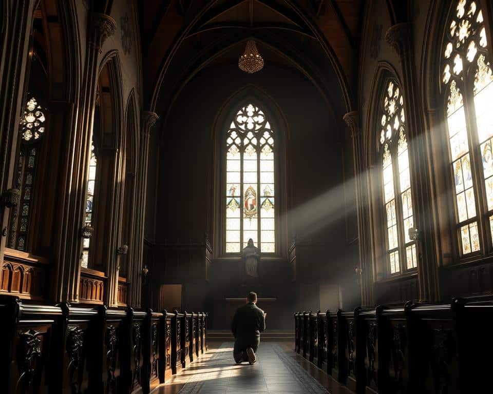 A tranquil and serene sanctuary, bathed in the soft, natural glow of morning light. A lone figure kneels in reverent worship, their silhouette casting a peaceful shadow against the ornate, stained-glass windows. The air is thick with a sense of sacred anticipation, as if the very atmosphere is charged with the presence of the divine. Intricate architectural details, from the vaulted ceilings to the carved wooden pews, create a sense of timeless wonder, inviting the viewer to pause and be still, to open their heart and mind to the profound experience of worship.