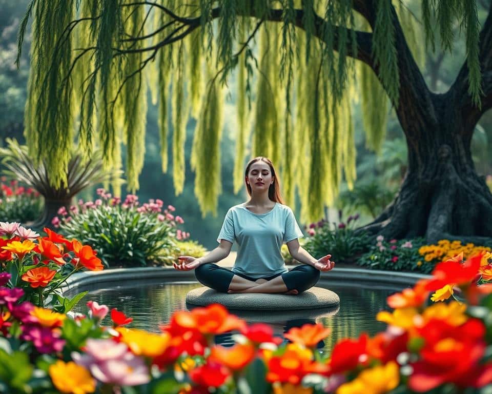 A tranquil garden oasis, where vibrant flowers bloom in harmony, their petals catching the soft, natural light. In the center, a serene pond reflects the swaying branches of an ancient willow tree, its drooping leaves creating a veil of serenity. A person sits cross-legged on a meditation cushion, their eyes closed, exuding a sense of inner peace and balance. The background is blurred, allowing the viewer to focus on the figure's meditative pose, conveying the essence of finding equilibrium between the spiritual and the personal. Ultra realistic photo in natural lighting, 4k detail.