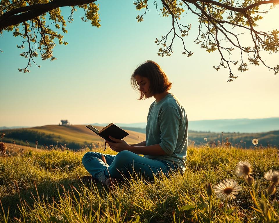 A tranquil scene of a person journaling amidst serene natural surroundings. A person sits cross-legged on a grassy meadow, their face partially obscured as they intently write in a leather-bound journal. Soft sunlight filters through the branches of a nearby tree, casting a warm glow over the peaceful setting. In the background, rolling hills dotted with wildflowers stretch out towards a distant horizon under a clear, azure sky. The overall atmosphere evokes a sense of inner calm and spiritual reflection. Realistic, high-detail 4K photo.