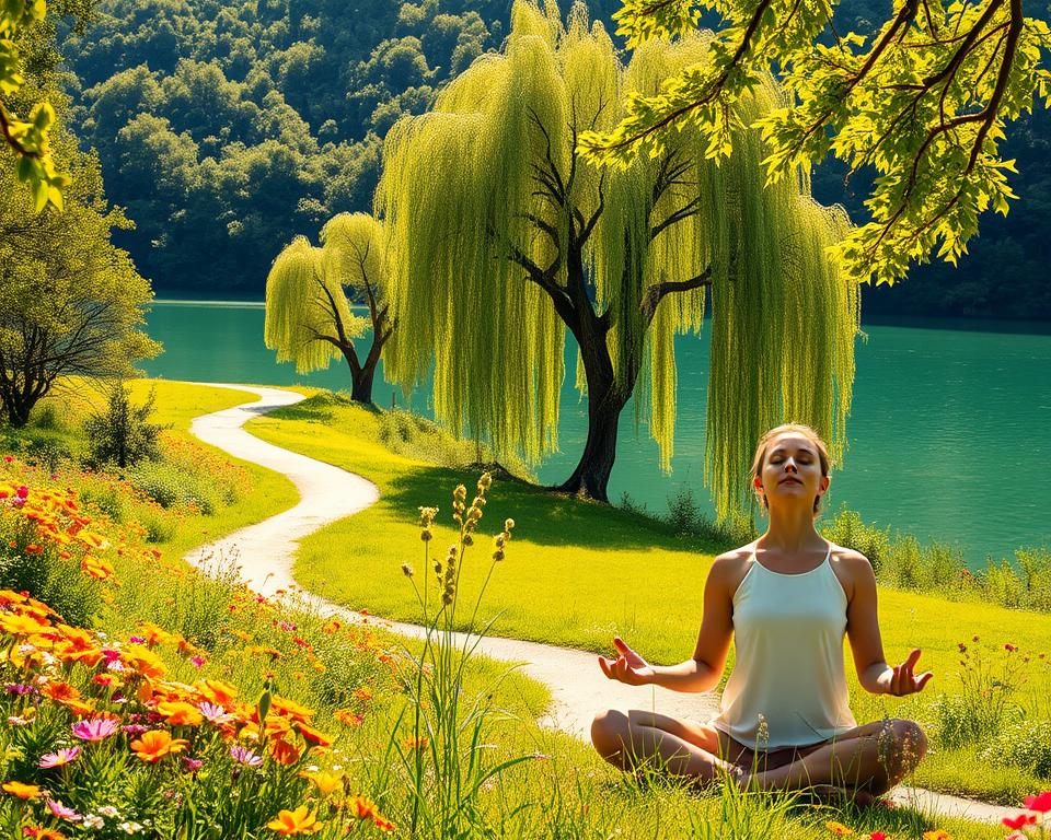 A tranquil, sunlit meadow with vibrant wildflowers and lush greenery, a winding path leading to a serene, crystalline lake where a single, graceful willow tree stands, its branches softly swaying in the gentle breeze. In the foreground, a person in a meditative pose, eyes closed, radiating an aura of inner peace and spiritual connection. The scene is bathed in warm, golden light, capturing the essence of spiritual growth and the journey towards self-discovery and enlightenment.
