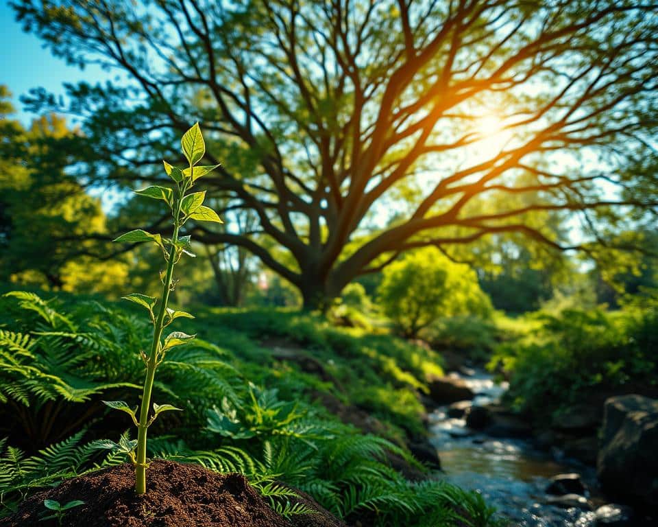 A vibrant, lush garden bursting with verdant growth, symbolic of spiritual flourishing. In the foreground, a young sapling reaching skyward, its tender leaves unfurling with renewed vigor. Behind it, a dense thicket of mature trees, their branches intertwined, casting a warm, dappled light upon the scene. The soil is rich and fertile, nourishing the thriving undergrowth of ferns and wildflowers. A tranquil stream meanders through the landscape, its gentle ripples reflecting the azure sky above. The overall atmosphere is one of peaceful, harmonious growth - a visual metaphor for the transformative power of faith and the active practice of spiritual disciplines.