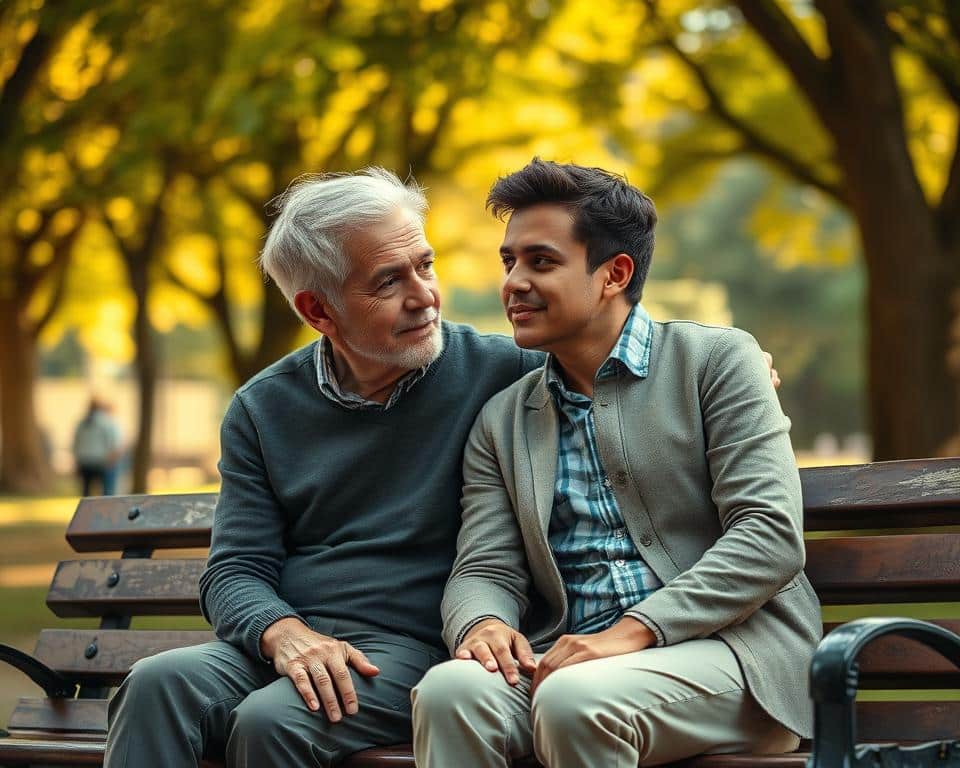 Two people, a mentor and mentee, sitting together outdoors on a park bench under a canopy of trees. The mentor, an older, wiser-looking individual, is leaning in and engaged in conversation, while the mentee, a younger person, is listening intently, eyes bright with curiosity and hope. The scene is bathed in warm, natural light, creating a sense of intimacy and guidance. The background is softly blurred, allowing the focus to remain on the mentoring relationship at the center of the frame. The overall mood conveys a profound connection, a transfer of knowledge and experience, and the power of one-on-one guidance.