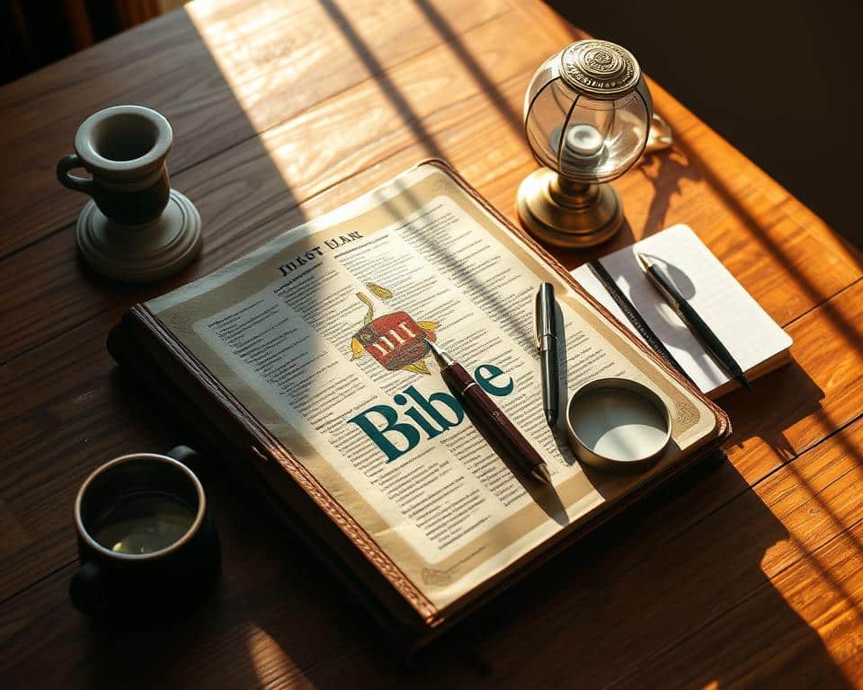 a collection of bible study tools arranged on a wooden table in natural sunlight, including a leather-bound bible, a pen, a notebook, a magnifying glass, and a small lamp, with a warm, inviting atmosphere and a sense of focused contemplation