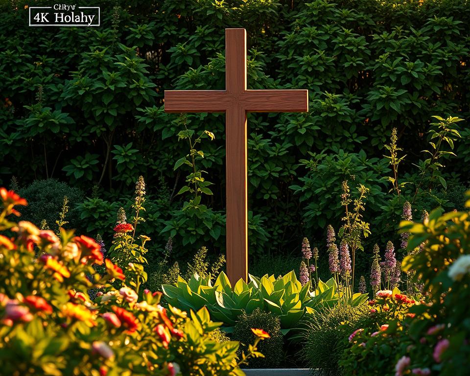 a lush, verdant garden in natural golden hour lighting, with a wooden cross standing tall in the center, surrounded by blooming flowers and vines symbolizing spiritual growth and renewal. the cross casts a soft, warm shadow over the scene, conveying a sense of grace and divine presence. the garden is bathed in a soft, diffused light, creating a serene and contemplative atmosphere. the composition is balanced and visually striking, drawing the viewer's eye to the central cross as the focal point. the level of detail is exceptional, capturing the intricate textures and colors of the flora in 4k resolution.
