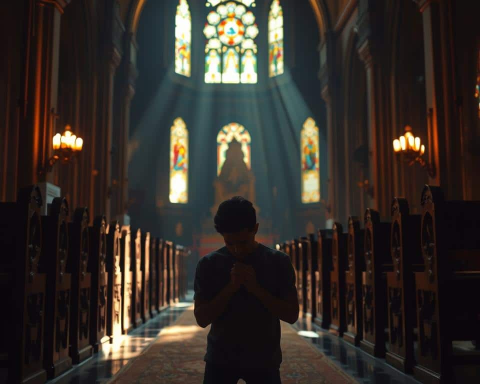 a serene, dimly lit interior with warm, ambient lighting filtering through stained glass windows, creating a soft, ethereal glow throughout the space. In the foreground, a person kneels in prayer, their hands clasped, head bowed, and expression conveying deep contemplation and reverence. The middle ground features carved wooden pews and ornate religious iconography, while the background showcases the architectural details of the sanctuary, such as arched ceilings and intricate stonework. The overall atmosphere is one of profound stillness, tranquility, and a deep connection to the divine.