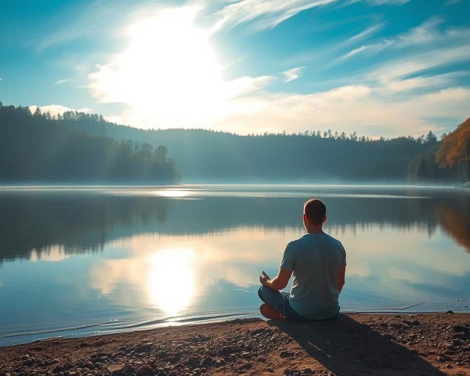 a serene landscape with a tranquil lake reflecting the sky, a lone figure sitting peacefully on the shore, their face calm and contemplative, sunlight gently filtering through the surrounding trees, a sense of inner peace and spiritual connection pervading the scene, crisp 4k detail, ultra realistic photo in natural lighting