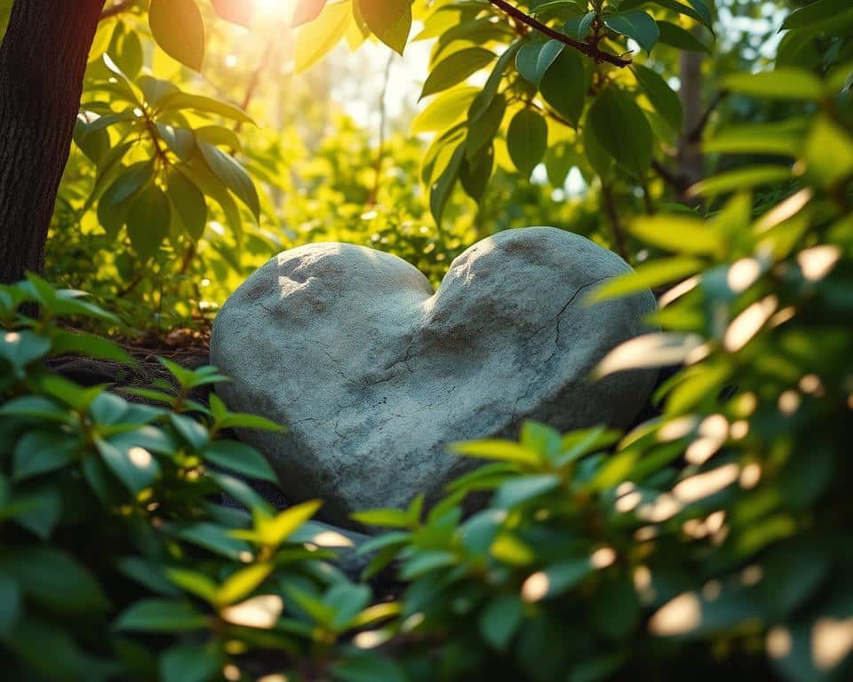 ultra realistic photo in natural lighting, 4k detail of a heart-shaped rock formation nestled amidst lush, verdant foliage, with soft, diffused sunlight filtering through the leaves, casting a warm, contemplative glow over the scene, symbolizing the importance of setting one's heart right before embarking on a new journey, a metaphor for the need to establish a firm spiritual foundation in times of transition.
