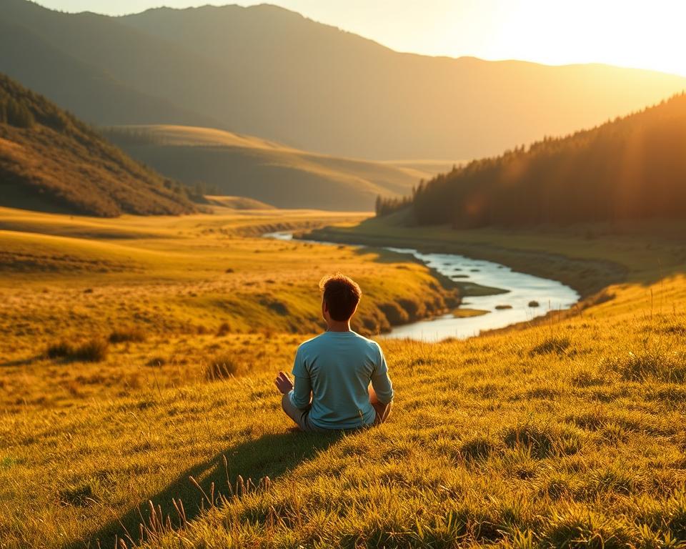 ultra realistic photo in natural lighting, 4k detail of a peaceful scene in the United States, with a tranquil, sun-dappled meadow in the foreground, a gentle stream meandering through the middle ground, and rolling hills covered in lush vegetation in the background. A lone person sitting cross-legged on the grass, eyes closed, hands resting on their lap, experiencing a profound sense of inner calm and serenity. The warm, golden rays of the sun cast a serene glow over the entire landscape, creating an atmosphere of profound peace and well-being.