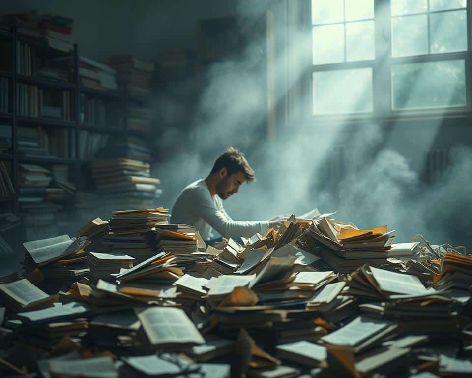 ultra realistic photo in natural lighting, 4k detail of a person trapped in a hazy, dimly lit room, surrounded by a growing pile of discarded books and papers, symbolizing a state of intellectual and spiritual stagnation. A sense of lethargy and hopelessness permeates the scene, with the figure sitting listlessly, disconnected from their once vibrant inner life. The background is blurred, creating a sense of isolation and introspection, inviting the viewer to contemplate the path to overcoming this state of being.