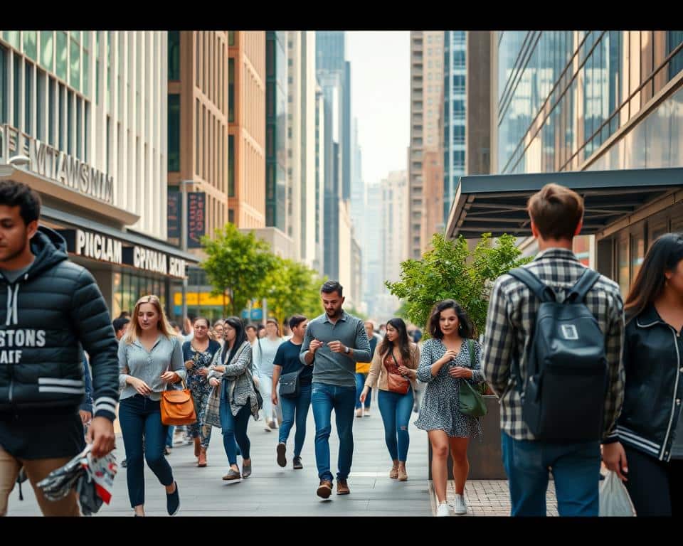 ultra realistic photo in natural lighting, 4k detail of people engaged in various relationships and interactions in a modern urban setting, capturing the complexity and diversity of human connections in the digital age. a bustling city street in the foreground, with people walking, conversing, and interacting with one another. in the middle ground, a group of friends dining at an outdoor cafe, deep in conversation. in the background, a couple strolling hand-in-hand, lost in their own world. the scene conveys a sense of vibrancy, interconnectedness, and the enduring need for human connection, even amidst the rapid technological and social changes of the present day.