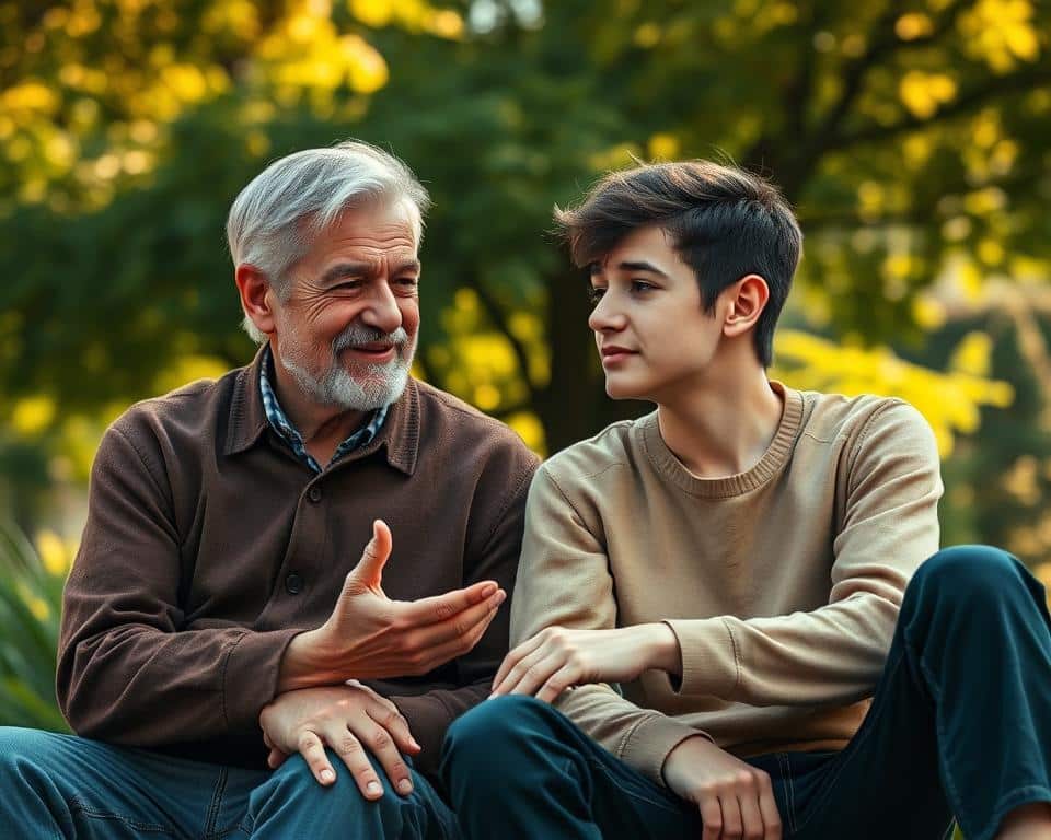 ultra realistic photo in natural lighting, 4k detail. Two people, a mature adult and a younger person, sitting together in a park or garden setting. The mentor, a wise-looking individual with a kind expression, is leaning in and gesturing as they speak, while the mentee, a focused and engaged individual, is listening intently. The background is filled with lush greenery and warm, diffused sunlight, creating a peaceful and nurturing atmosphere. The overall composition suggests a meaningful, personal exchange and a profound connection between the two figures, reflecting the biblical foundation for mentoring.