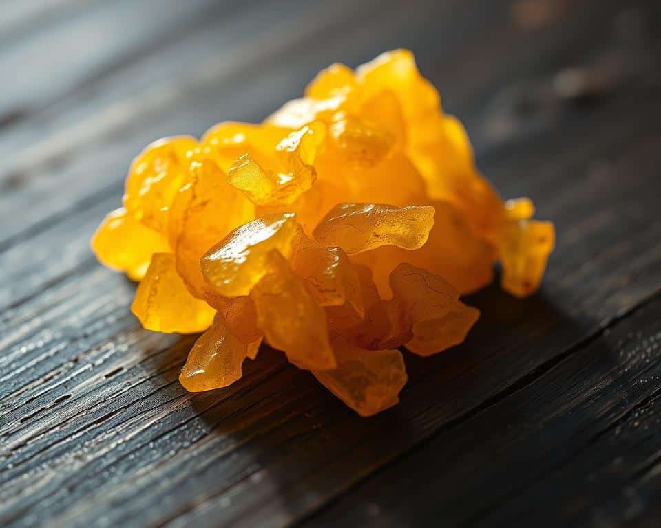 A close-up photograph of frankincense resin in natural lighting, showcasing its translucent golden-amber hue and the intricate, organic textures of the fragrant tears. The resin is placed on a dark, wooden surface, allowing the material to be the focal point. Soft, diffused illumination from the side gently accentuates the resin's glow, creating a serene, meditative atmosphere. The image captures the essence of this ancient, sacred incense in meticulous 4K detail, inviting the viewer to appreciate its beauty and the significant role it played in biblical times.