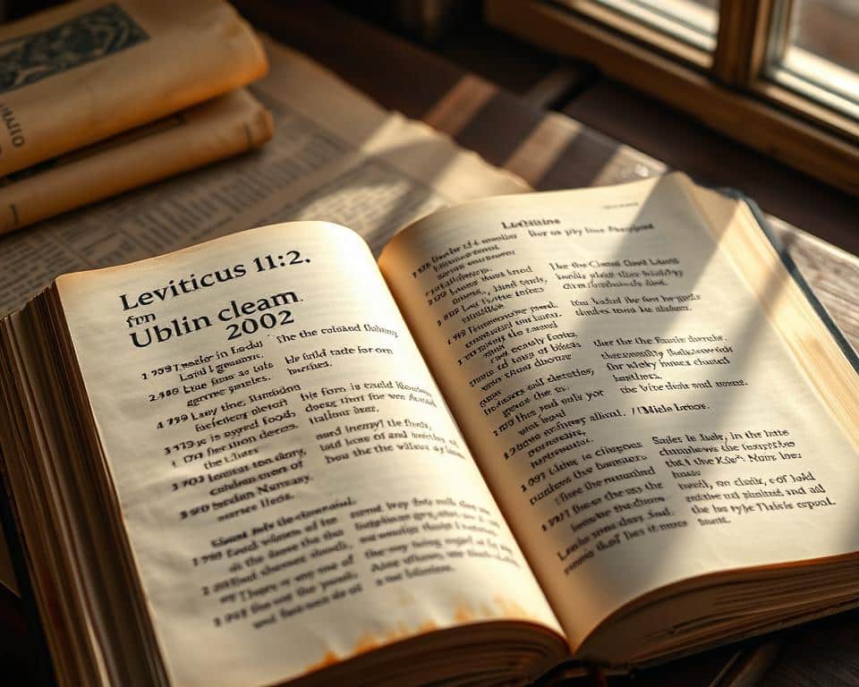 A detailed, high-resolution photograph of an open Bible displaying the text of Leviticus 11:2 in classic serif font. The pages are illuminated by soft, natural sunlight streaming through a window, casting a warm glow on the weathered leather cover. The book is placed on a wooden surface, surrounded by ancient-looking parchments and scrolls, creating an atmosphere of scholarly study and religious contemplation. The image captures the reverence and significance of this biblical passage on clean and unclean foods, inviting the viewer to engage with the sacred text.