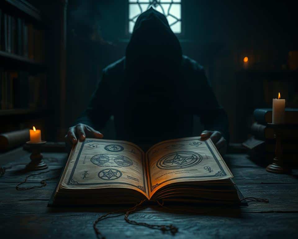 A dimly lit study, the air heavy with the weight of unanswered questions. In the center, an ancient tome lies open, its pages illuminated by the soft glow of a single candle. Intricate symbols and arcane diagrams dance across the weathered parchment, hinting at a truth long forgotten. A shadowy figure, cloaked in mystery, leans over the text, their face obscured by the flickering light. The room is filled with a sense of anticipation, as if the very walls hold the secrets of a prophecy yet to be unraveled. The scene is captured in ultra-realistic 4K detail, with natural lighting casting deep shadows and highlighting the reverence of the moment.