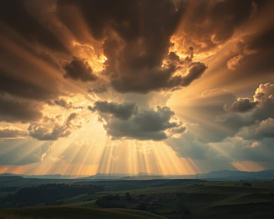 A dramatic scene of apocalyptic signs in the sky, with ominous clouds, rays of light, and celestial phenomena. In the foreground, a serene countryside landscape with rolling hills and a small village, contrasted against the foreboding sky above. The lighting is natural, with a soft, diffused glow from the horizon, casting long shadows across the ground. The level of detail is high, capturing intricate textures and subtle atmospheric effects. An ultra-realistic photo that evokes a sense of biblical foreboding and the imminence of the end times.