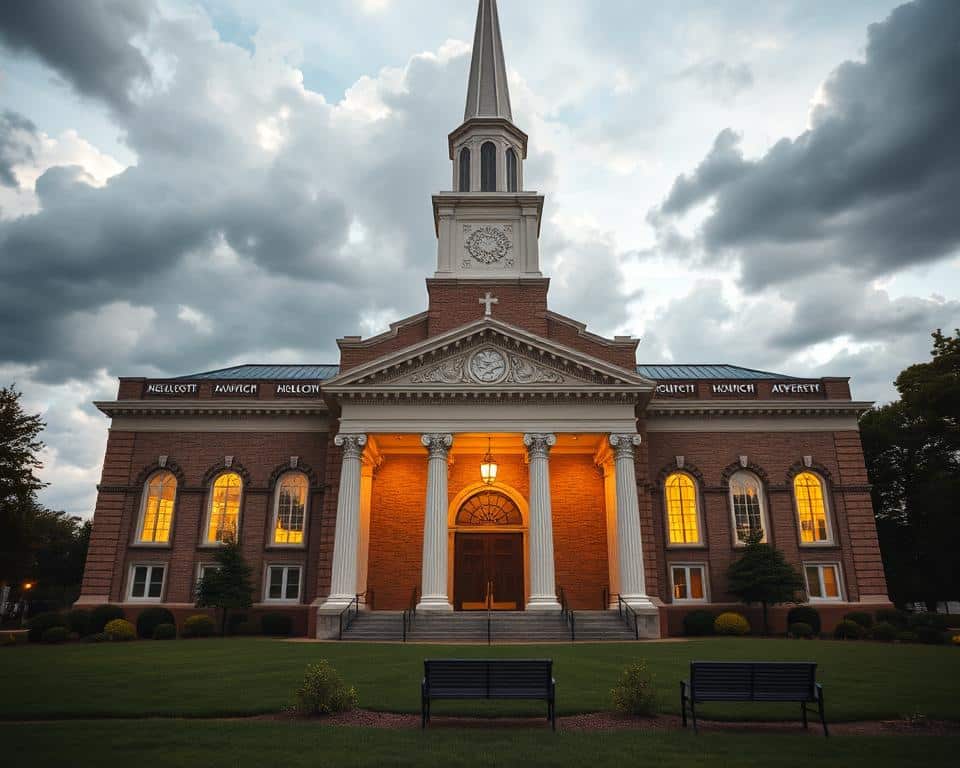 A grand Seventh-day Adventist church stands tall, its white steeple reaching skyward against a backdrop of fluffy cumulus clouds. The facade is adorned with intricate stone carvings and grand arched windows that cast a warm, inviting glow. The main entrance is framed by majestic pillars supporting a graceful portico. In the foreground, a well-tended lawn is dotted with neatly trimmed shrubs and a few benches, inviting visitors to pause and contemplate. The scene is illuminated by soft, natural lighting that highlights the church's architectural details and creates a serene, reverent atmosphere. A grand Seventh-day Adventist church stands tall, its white steeple reaching skyward against a backdrop of fluffy cumulus clouds. The facade is adorned with intricate stone carvings and grand arched windows that cast a warm, inviting glow. The main entrance is framed by majestic pillars supporting a graceful portico. In the foreground, a well-tended lawn is dotted with neatly trimmed shrubs and a few benches, inviting visitors to pause and contemplate. The scene is illuminated by soft, natural lighting that highlights the church's architectural details and creates a serene, reverent atmosphere.