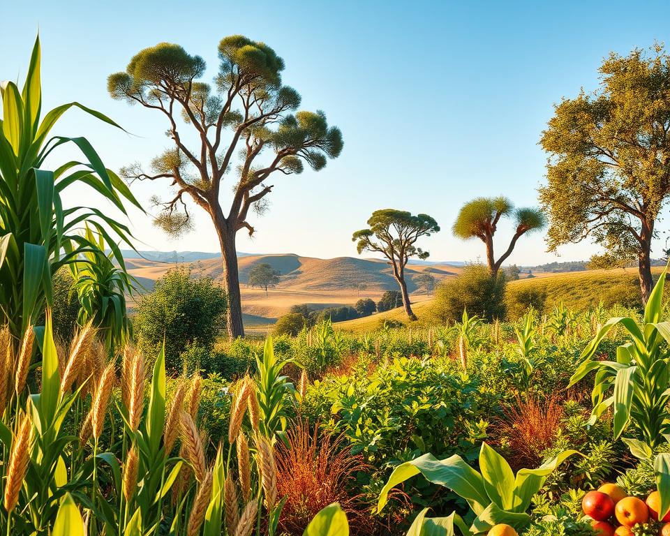 A lush, verdant landscape with an abundance of diverse plant life, as described in Genesis 1:29. In the foreground, a vibrant array of edible plants, including wheat, corn, leafy greens, and various fruits, all bathed in warm, natural lighting. In the middle ground, towering trees with a variety of shapes and textures, their branches swaying gently in a soft breeze. In the background, rolling hills and a cloudless, azure sky, creating a serene, timeless atmosphere. The scene conveys a sense of abundance, fertility, and the divine provision for both humans and animals, as outlined in the biblical creation narrative. Ultra-realistic photo quality, 4K detail.