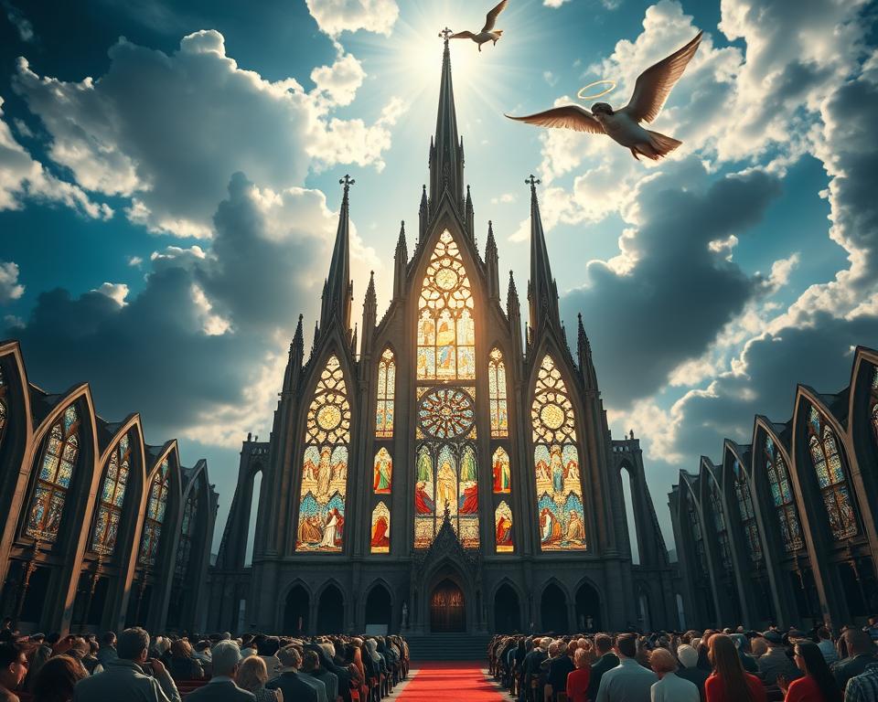 A majestic cathedral stands against a luminous sky, its spires reaching heavenward. Stained glass windows blaze with divine light, illuminating the interior where a congregation kneels in reverent worship. Angels, their wings outstretched, hover above, conveying a sense of sacred prophecy. The scene is infused with an aura of otherworldly wonder, capturing the profound significance of divine revelation and the promise of a future guided by the hand of the Almighty.