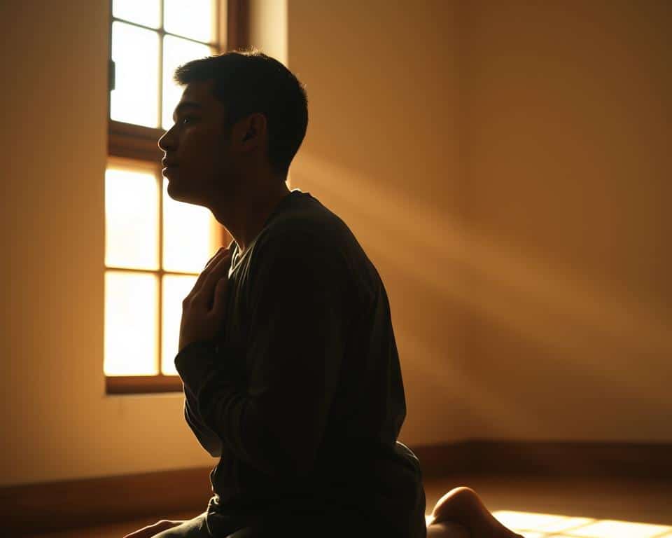 A person kneeling in prayer, head bowed and eyes closed, their expression one of deep contemplation. The figure is bathed in warm, natural sunlight streaming through a window, casting a soft glow on their face. The background is a simple, uncluttered room, with subtle textures and muted tones that create a sense of tranquility and introspection. The overall scene evokes a profound connection between the individual and the divine, illustrating the essence of biblical fasting - a practice rooted in spiritual devotion and the search for deeper meaning.