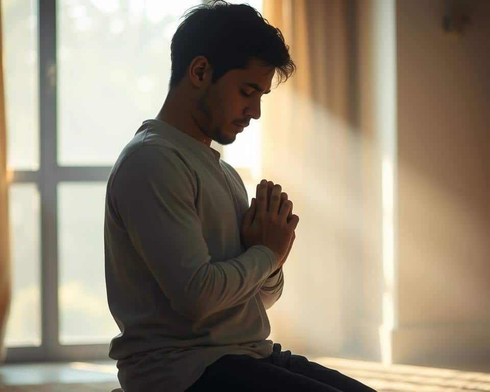 A person kneeling in prayer, head bowed, hands clasped, in a peaceful, dimly lit room. Soft, natural lighting filters through a window, casting a warm glow on the subject's face. The background is blurred, allowing the viewer to focus on the act of prayer. The atmosphere is one of reverence, contemplation, and a deep connection with the divine. Ultra-realistic photo in 4K detail. A person kneeling in prayer, head bowed, hands clasped, in a peaceful, dimly lit room. Soft, natural lighting filters through a window, casting a warm glow on the subject's face. The background is blurred, allowing the viewer to focus on the act of prayer. The atmosphere is one of reverence, contemplation, and a deep connection with the divine. Ultra-realistic photo in 4K detail.