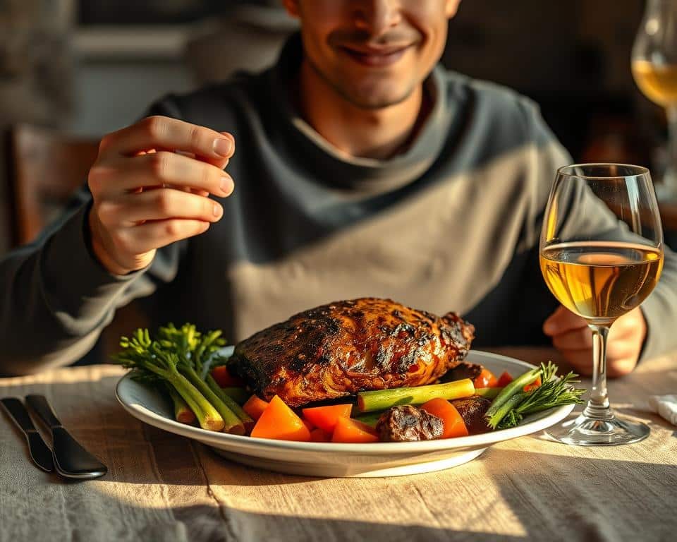 A person seated at a table, enjoying a hearty meal of roasted meat, fresh vegetables, and a glass of wine. The lighting is warm and natural, casting a cozy glow over the scene. The table is adorned with a simple, rustic tablecloth, and the plate is artfully arranged, showcasing the juicy, tender meat and the vibrant colors of the produce. The person's expression is one of contentment and satisfaction, as they savor each bite. The background is blurred, allowing the focus to remain on the meal and the individual's experience of it.